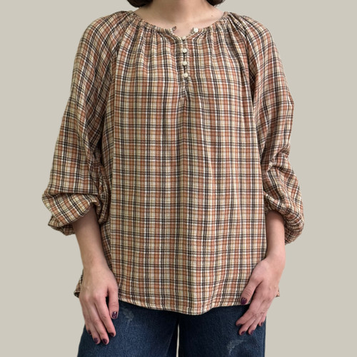 پیراهن آستین بلند زنانه چهارخونه کرم قهوهای اورجینال هند برند OLD NAVY